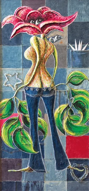Tableau peinture Rosa Rose en jean